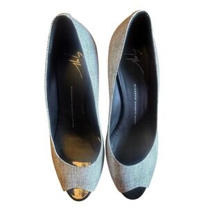 Giuseppe Zanotti Peep Toe Heels Snakeskin Stiletto Black White Shoes‎ Size 38.5